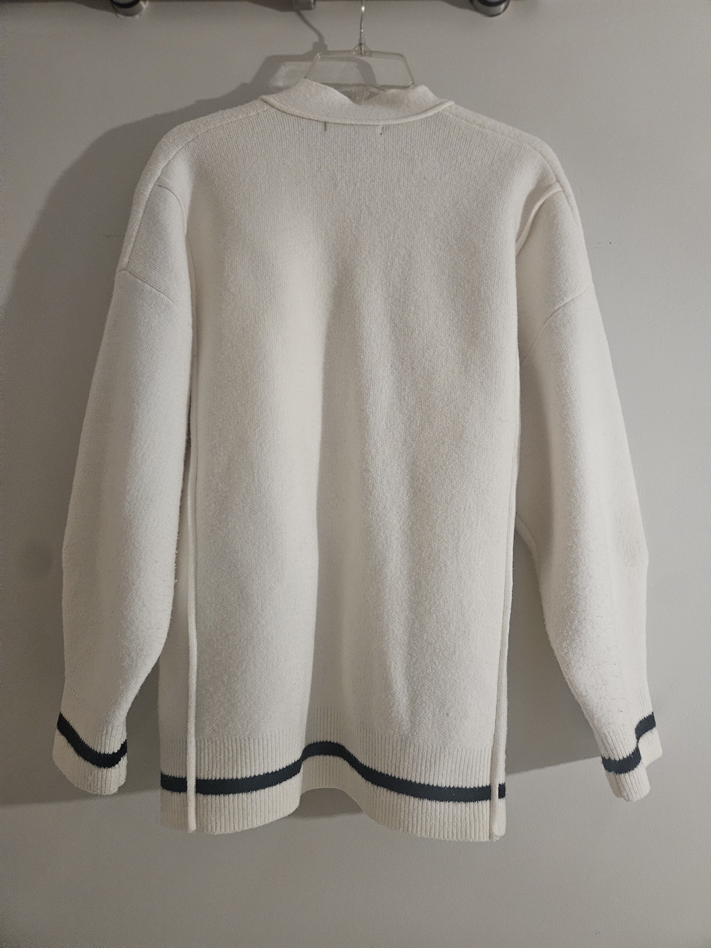Cream Button-Up Cardigan with Black Trim and 'M' Embroidery - Picture 3 of 3